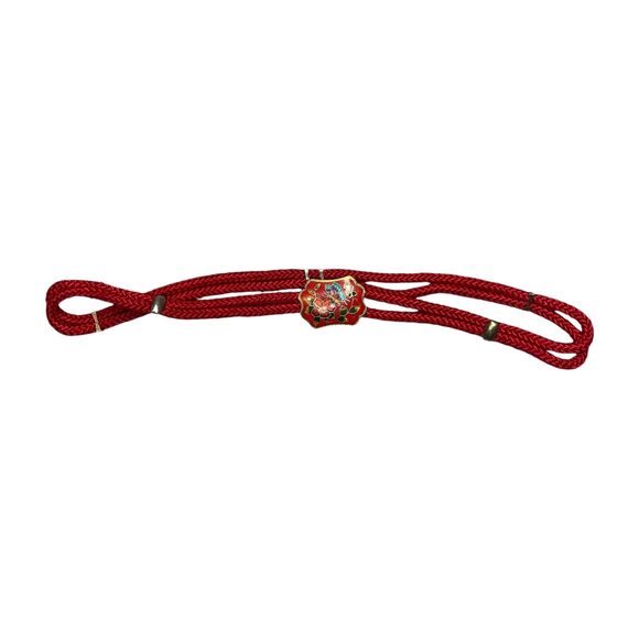 Vintage Women's Red Stretch Rope Belt With Floral Cloisonné Buckle 15-in Length - Picture 1 of 6